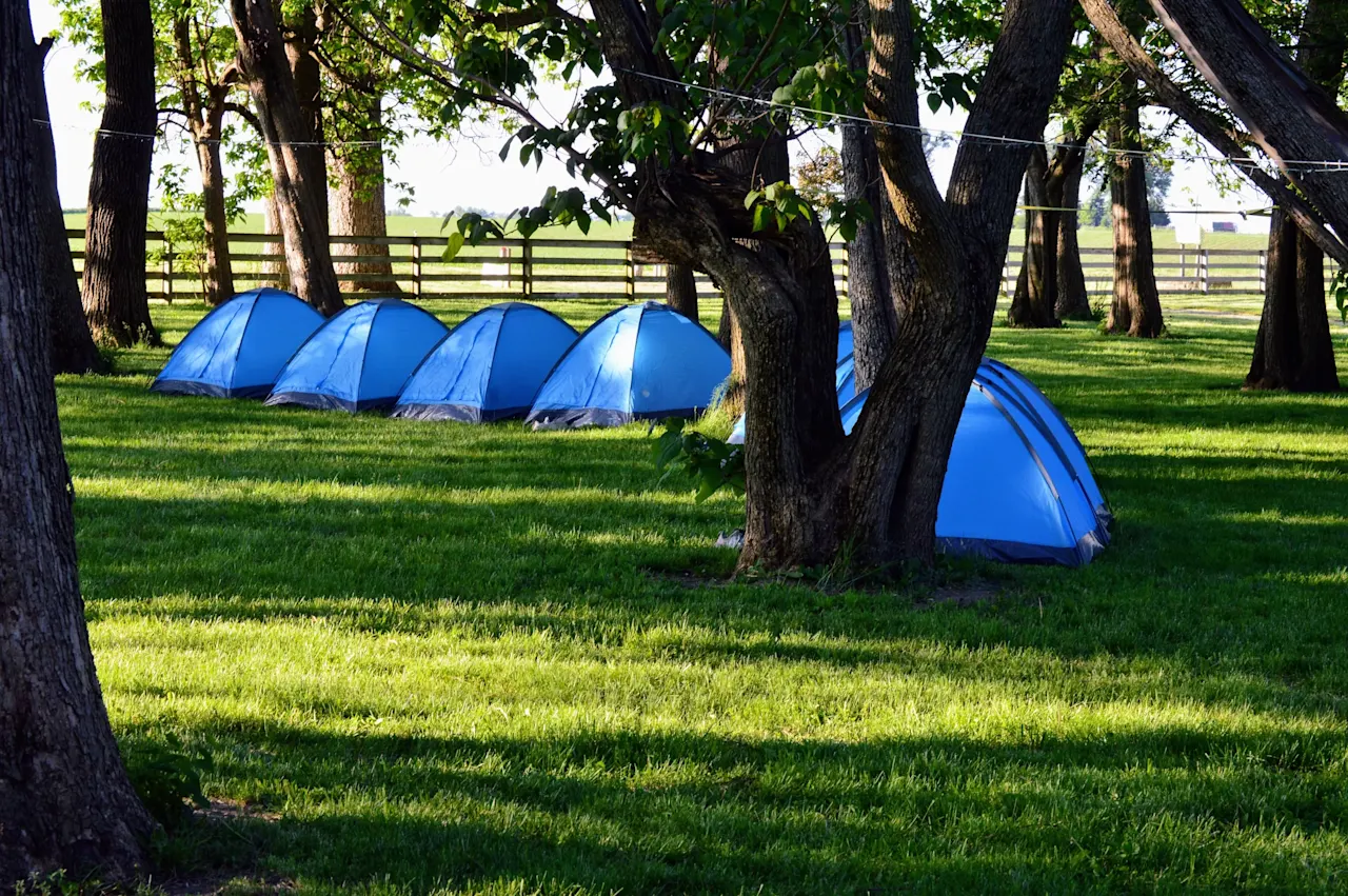 Tent camping among the trees at Camp Ziegenhorn in Fairbury, Illinois